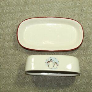 VTG 90s Royal Seasons Butter Dish Holiday Snowmen Christmas 2 Pc Stoneware